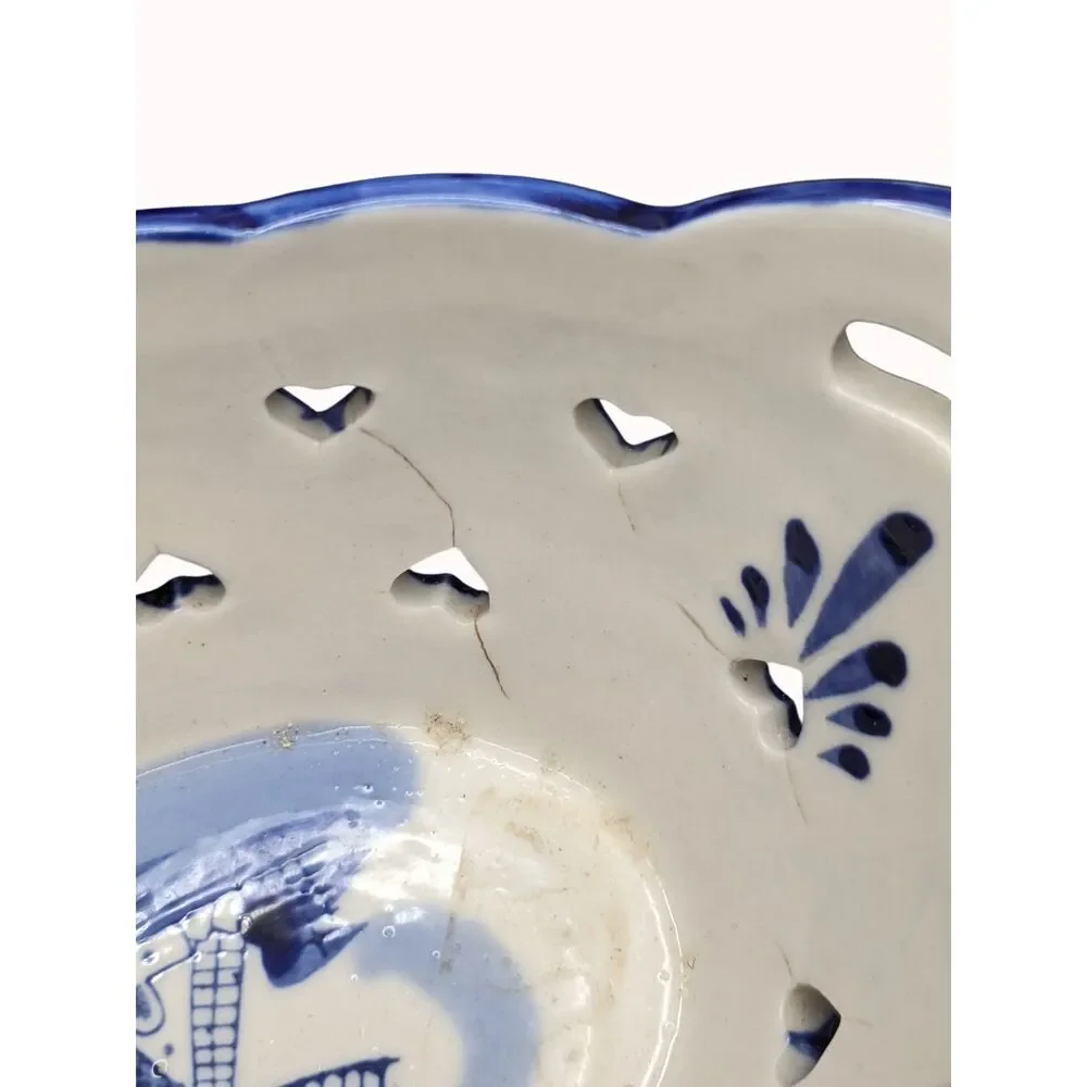 Delft Blue Reticulated Trinket Dish & Puppy Dog Candle Holder Holland VTG